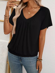 Black ruched V-neck t-shirt with banded hem and short sleeves