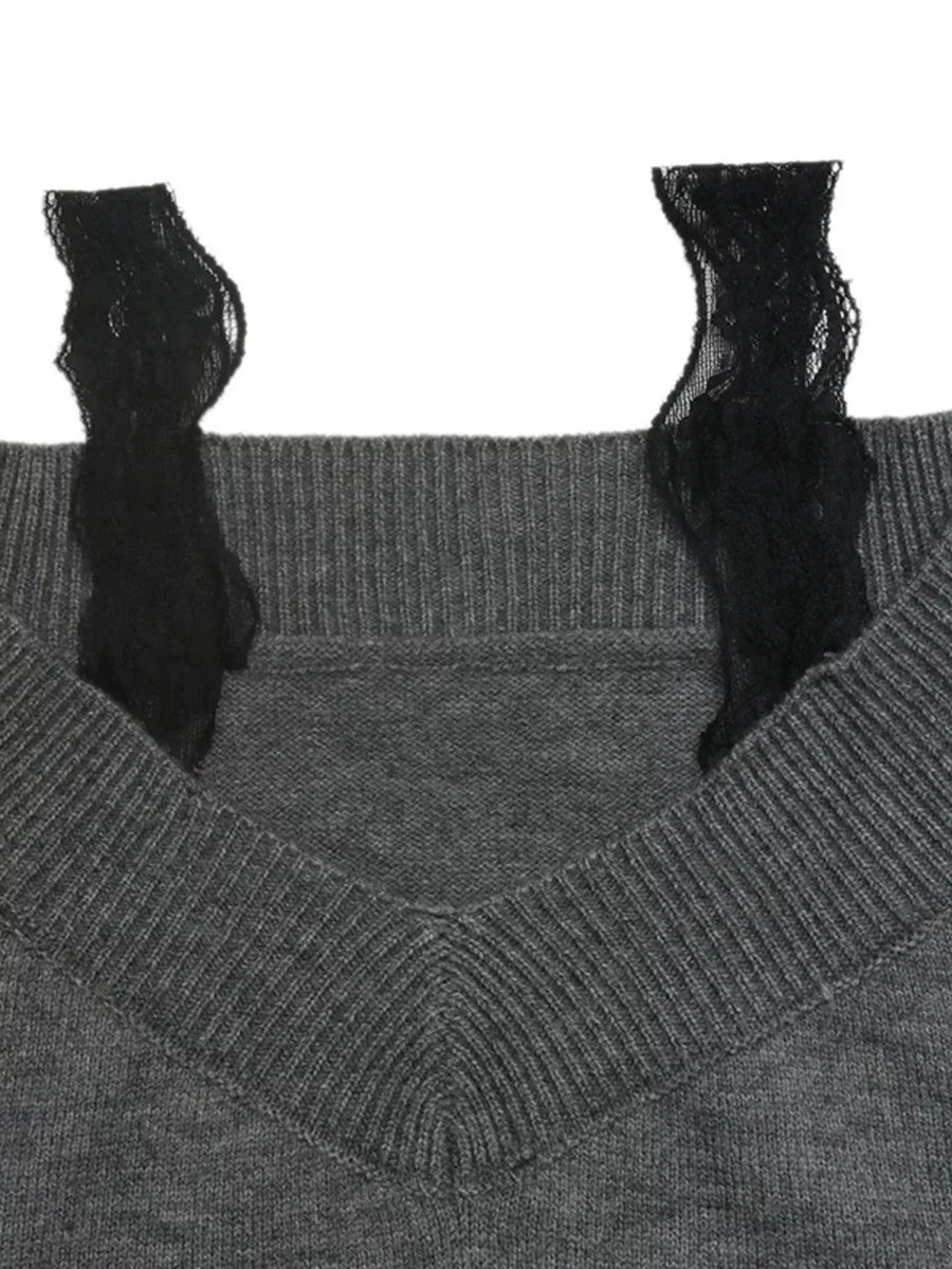 Off-shoulder Lace Trim Sweater in Dark Gray, view 11