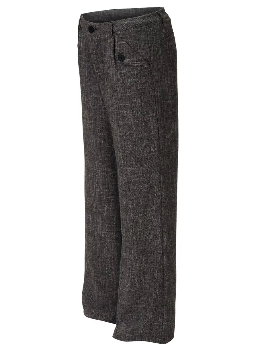 Men's dark gray textured flare sweatpants with button flap pockets.