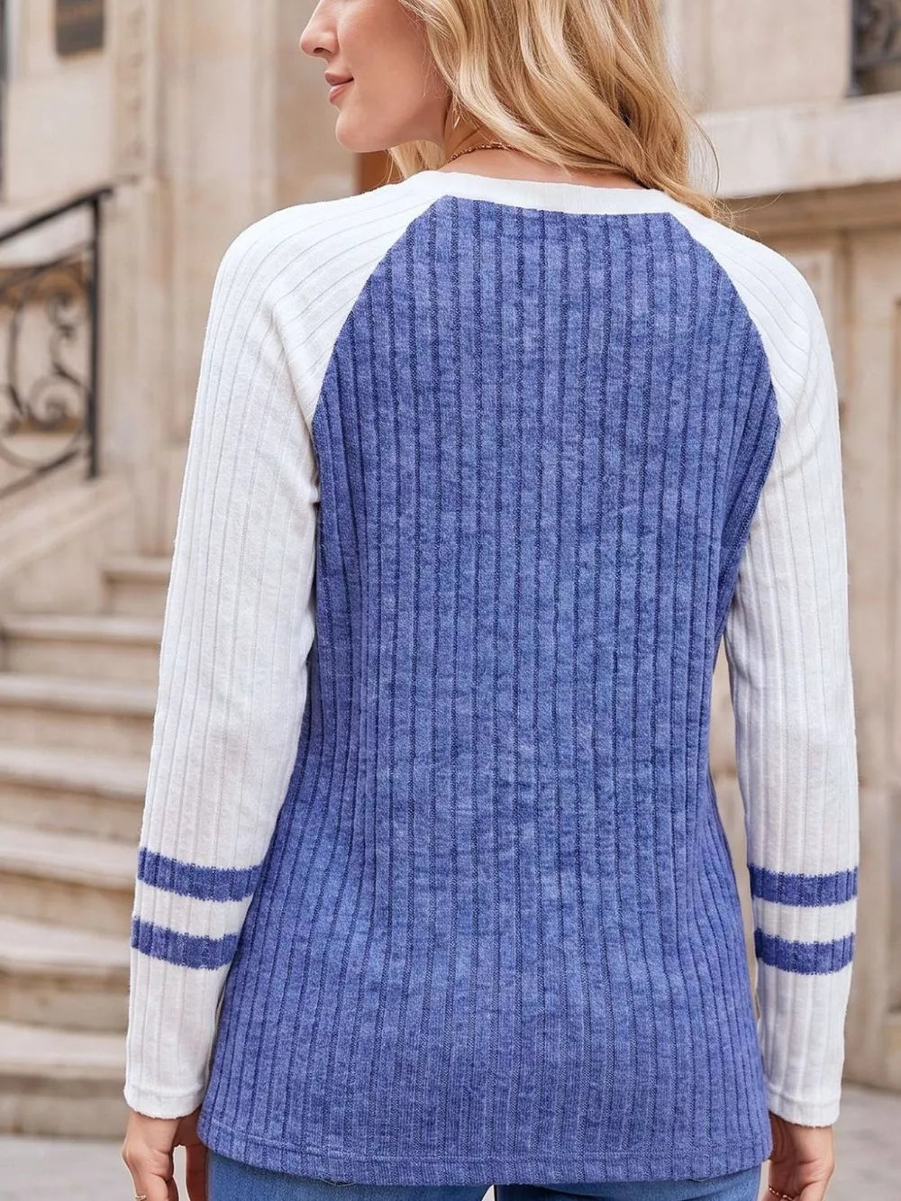 Ribbed Raglan Sleeve T-shirt in Peacock Blue