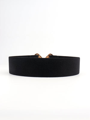 Black elasticated waist belt with geometric gold buckle detail
