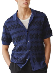 Navy geometric knit camp collar shirt with short sleeves and button front.