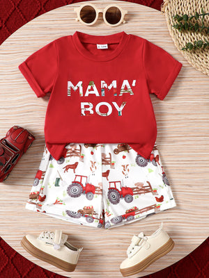 Red graphic tee and white farm print shorts set for baby boys, cotton blend