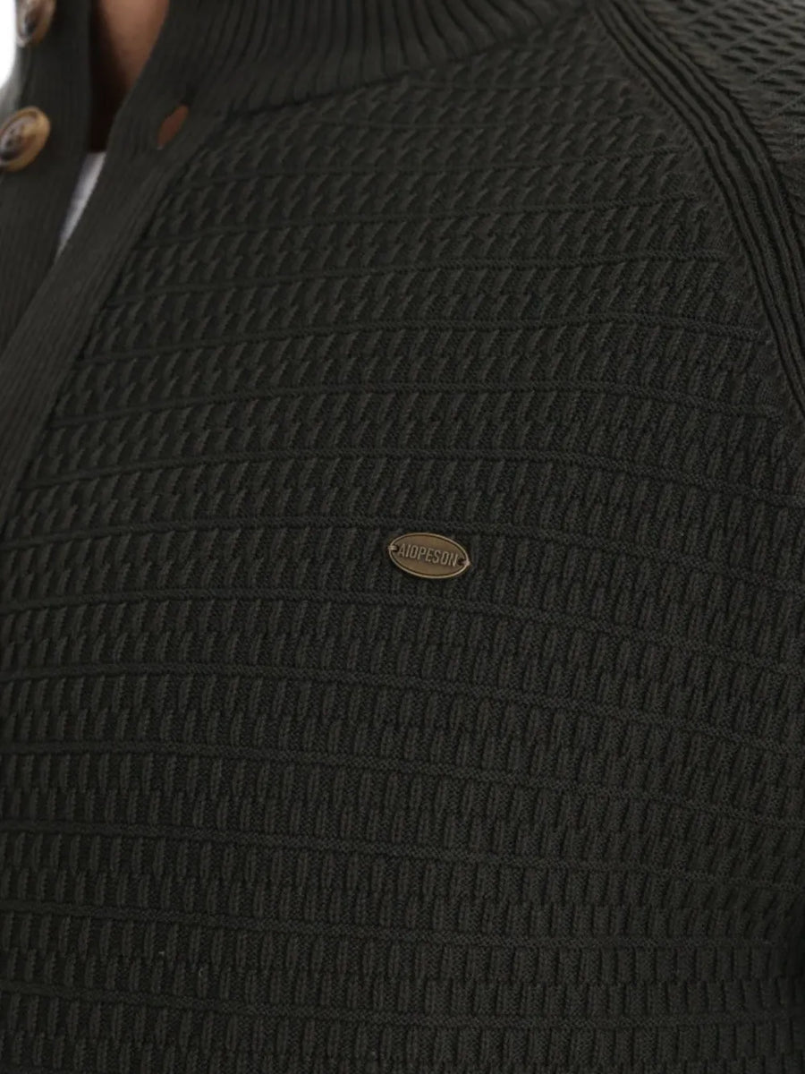 Textured knit stand collar cardigan in Army Green with button closure and metal logo detail.