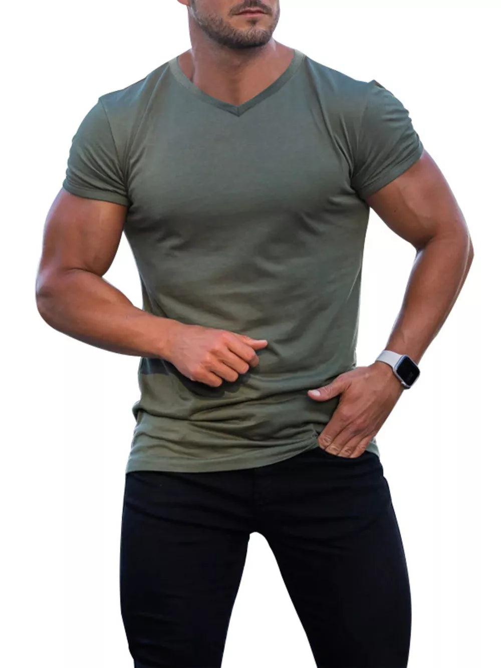 Light Gray Men's Full Size V-neck Slim Fit Casual T-shirt