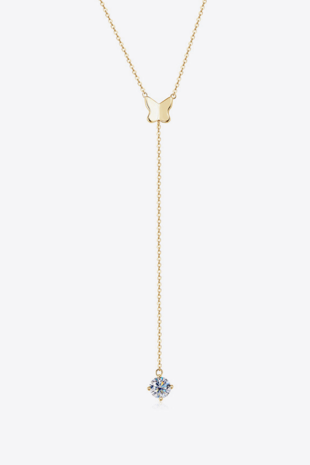 Gold butterfly lariat necklace with moissanite pendant