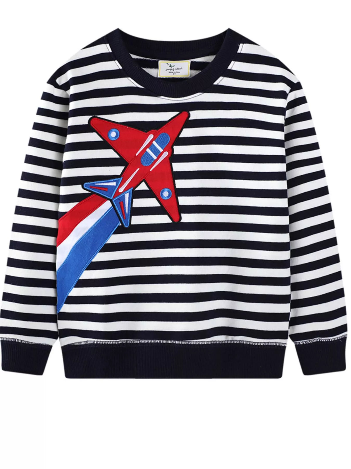 Black and white striped sweatshirt with a red airplane applique and red, white, and blue tail.