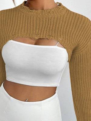 Tan distressed knit bolero crop top with distressed neckline and hem.