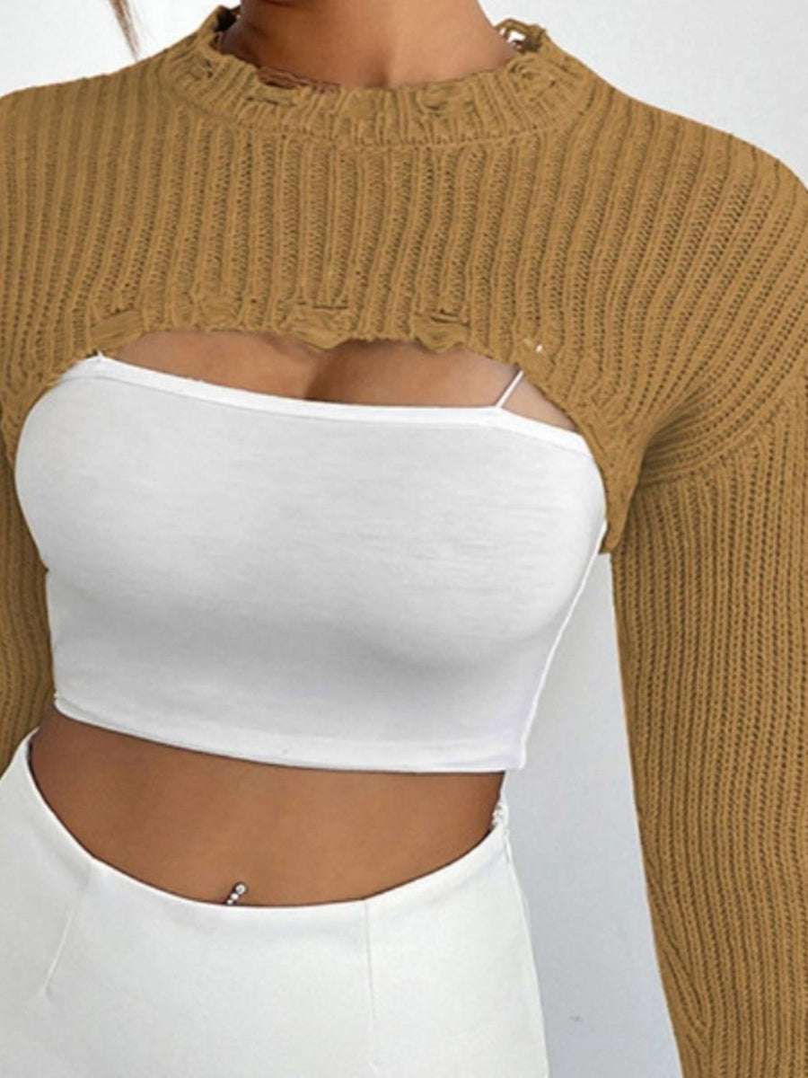 Tan distressed knit bolero crop top with distressed neckline and hem.