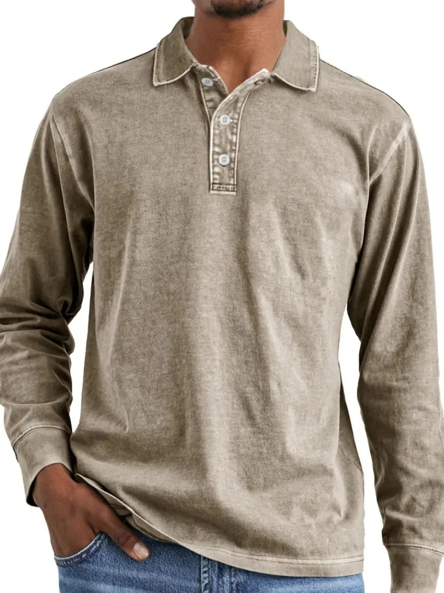 Vintage wash long-sleeve polo shirt in Khaki with a button placket and spread collar.