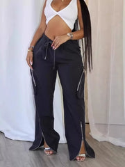 Black with Drawstring Cargo Pants With Zipper Accents