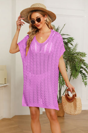 Open-knit beach cover-up dress in Red-Violet with a V-neck and short sleeves.