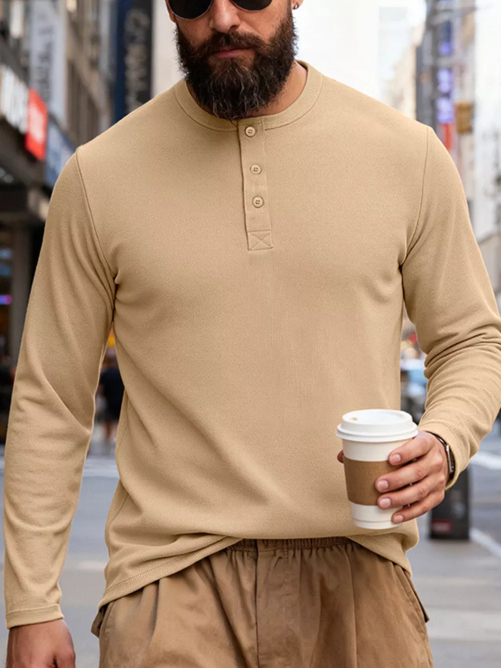 Men's Khaki Long Sleeve Henley T-Shirt with button placket and crew neck.