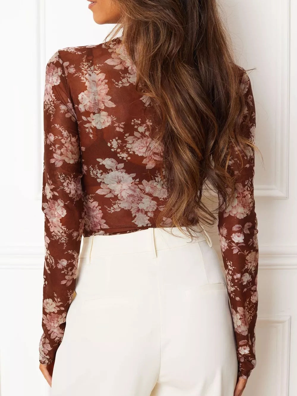 Floral Print Sheer Mesh Long Sleeve Mock Neck Top in pink