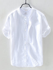White linen short sleeve band collar shirt with button front