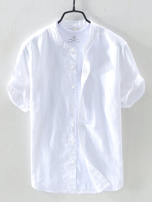 White linen short sleeve band collar shirt with button front