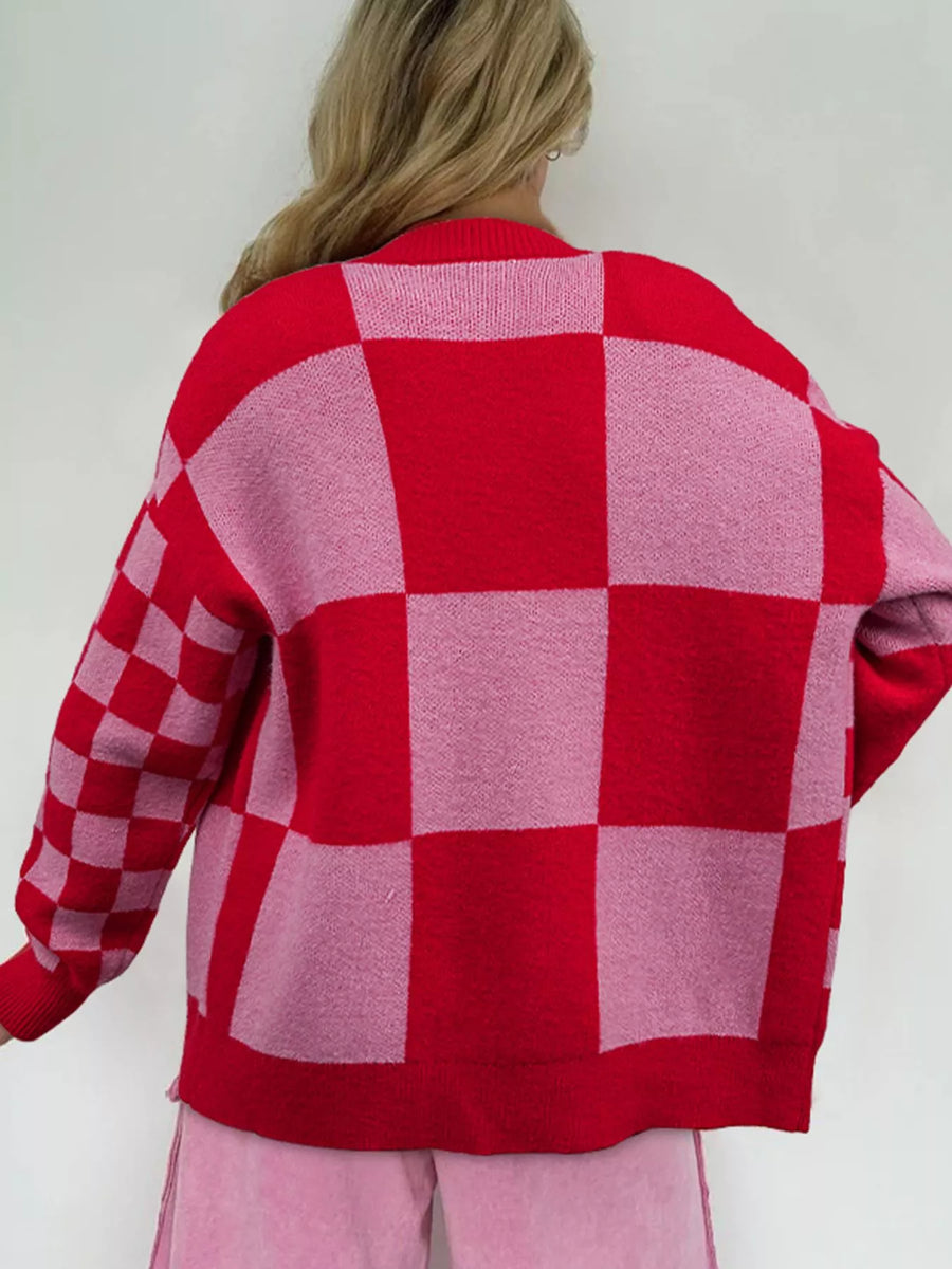 Checkerboard knit cardigan in deep rose and red with a relaxed fit.