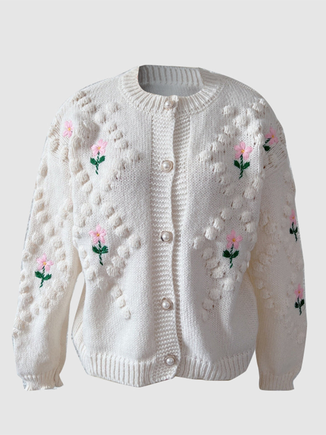 Cream bobble stitch cardigan with embroidered flowers and pearl buttons