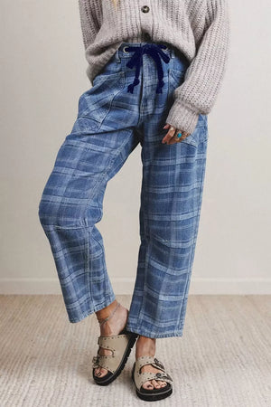 Plaid denim jeans with drawstring waist and grommets, dusty blue cotton.