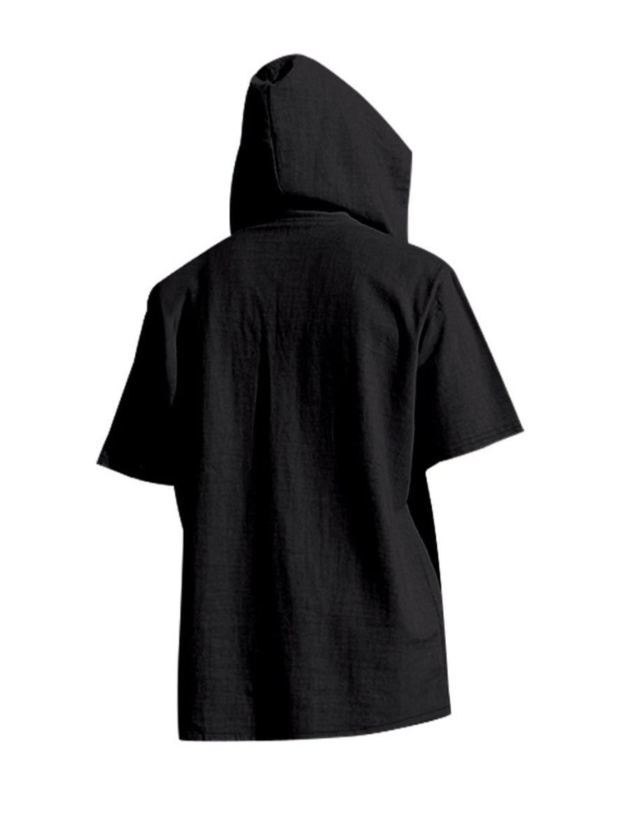 Black short sleeve hooded t-shirt with textured fabric