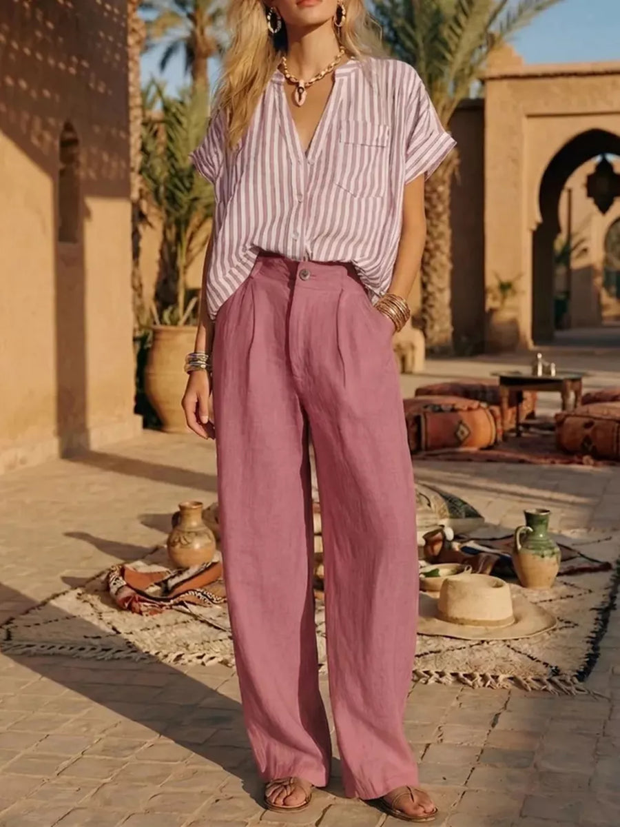 Red Full Size Striped Button Up Shirt And Pants Set Plus Size