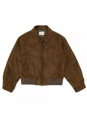 Brown suede zip-up casual jacket with collar and elastic cuffs