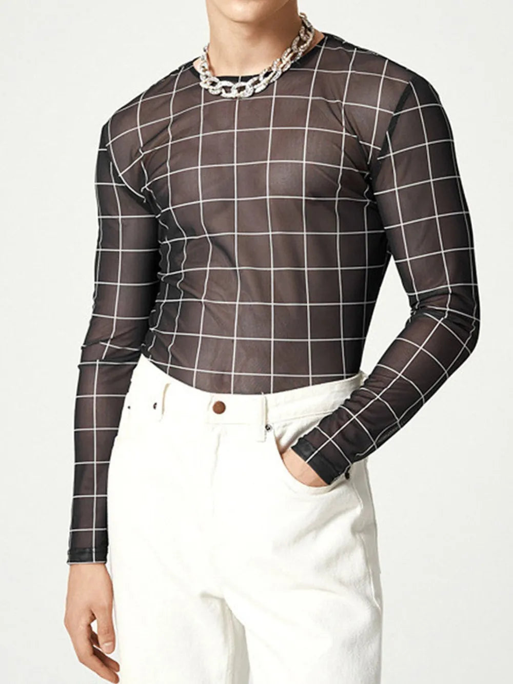 Black grid-print sheer mesh long sleeve top with crew neck