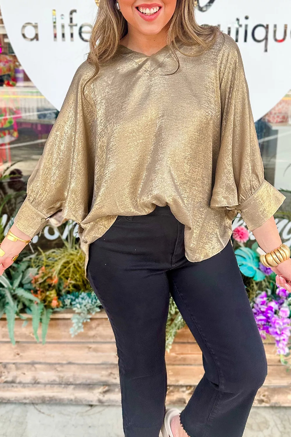 Gold with Metallic V Neck Button Cuffed Dolman Blouse in Gold