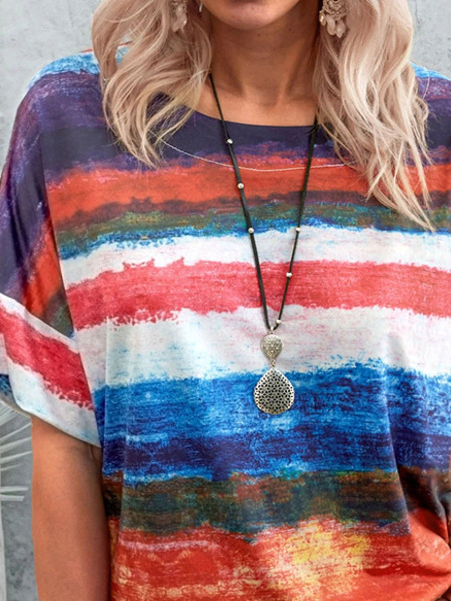 Brushstroke Stripe Casual T-Shirt with crew neck and short sleeves, featuring a multicolor abstract stripe pattern.