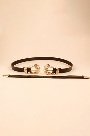 Black leather belt with double ornate gold buckles and a single buckle tip.