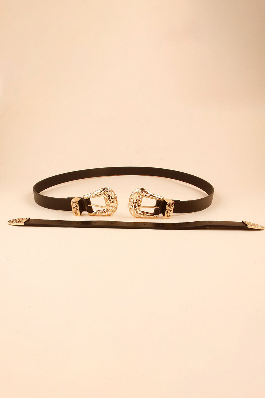 Black leather belt with double ornate gold buckles and a single buckle tip.
