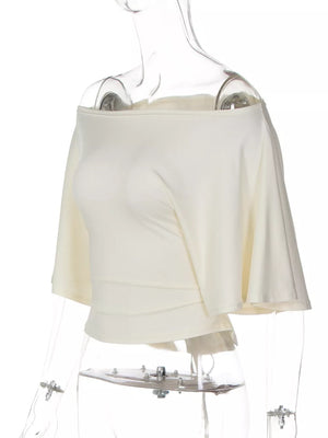 Apricot draped tie-front short sleeve maternity t-shirt with off-the-shoulder neckline.