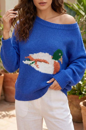 Royal Blue Duck Graphic Drop Shoulder Sweater