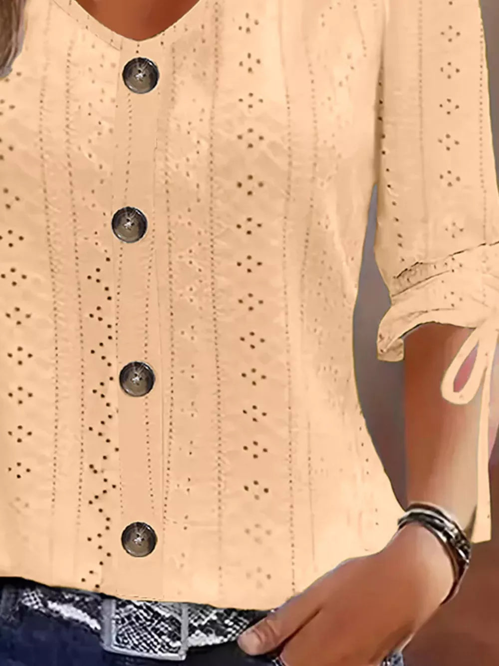 Eyelet Tie-sleeve Detail Top in Sky Blue with tied sleeves