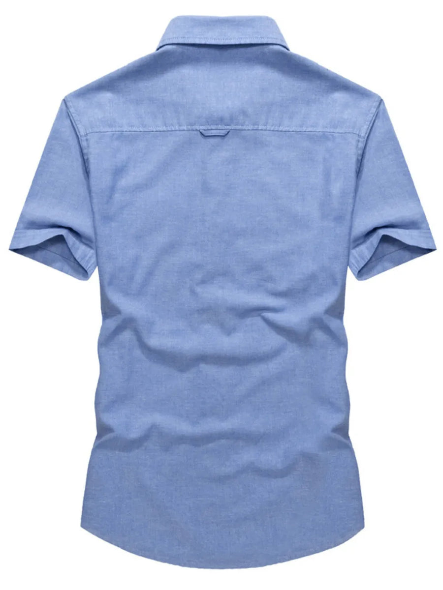 Men's sky blue short sleeve cotton button-down shirt with back yoke detail.