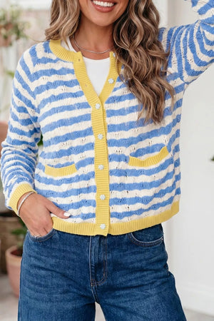 Light Blue with Button-down V-neck Knit Long-sleeve Top in Light Blue