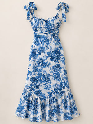 midi dress in royal blue with floral and adjustable straps
