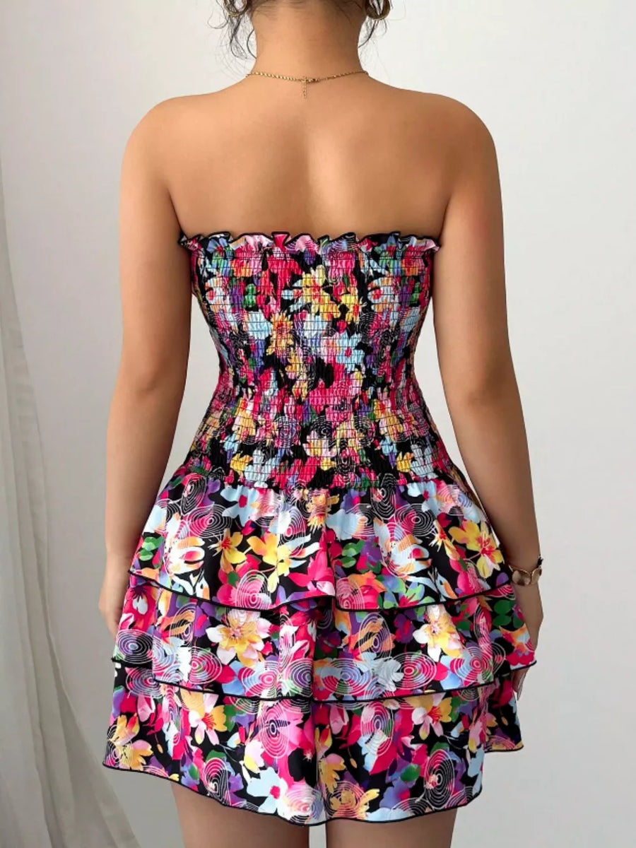 Strapless Smocked Floral Tiered Mini Dress option 5