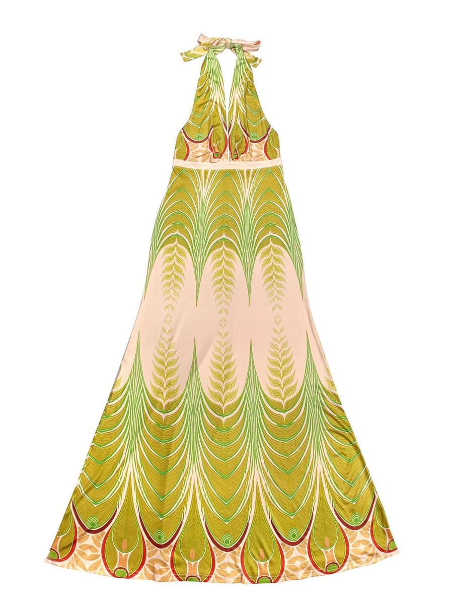 gold fitted maxi dress with halter