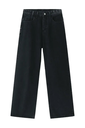 Wide-leg black denim trousers with a washed finish and a relaxed fit.