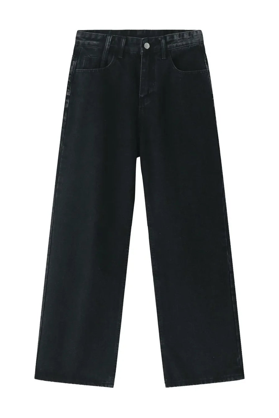 Wide-leg black denim trousers with a washed finish and a relaxed fit.