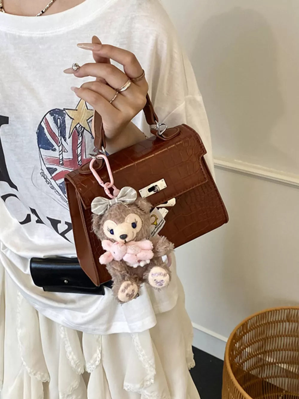 Brown Crocodile-embossed Medium Handbag