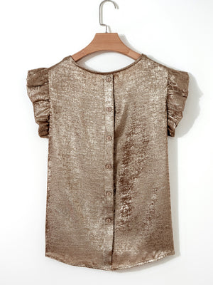 Gold ruffled cap sleeve blouse with button back detail