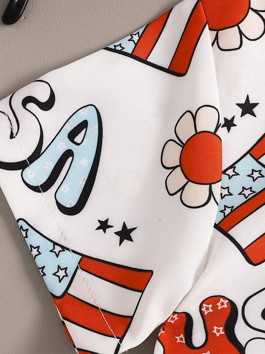 Toddler outfit set with USA flag and flower print, cotton, lightweight