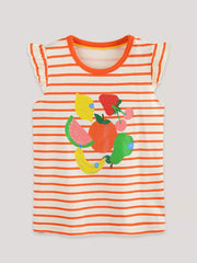 Baby girls' striped tee with colorful fruit print and ruffle sleeves.