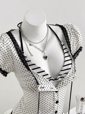Beige Polka Dot Lace Trim Puff Sleeve Top