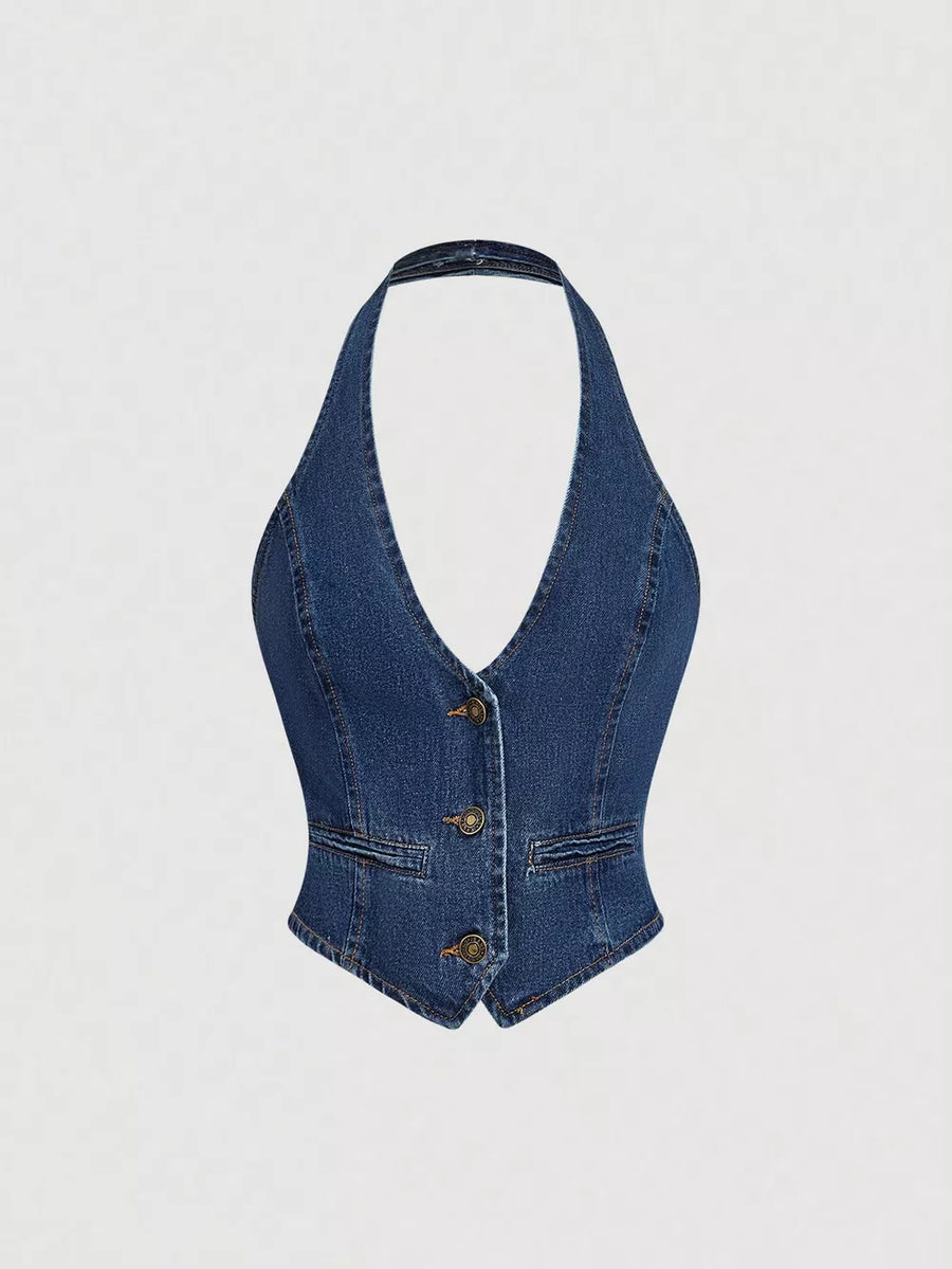 Dark Blue Halter Neck Denim Vest And Wide-leg Jeans Set