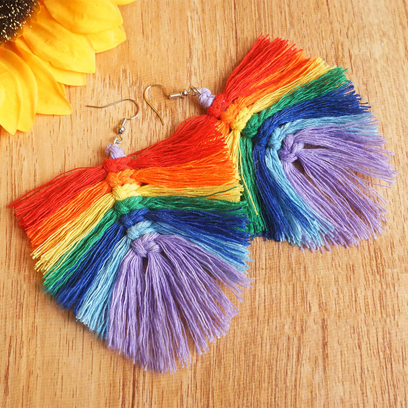 Rainbow fan tassel earrings with boho macrame detail and hook backs.