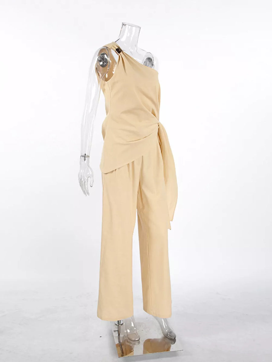 light beige relaxed two-piece set with one-shoulder