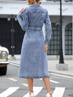 Belted Long Sleeve Denim Dress option 12